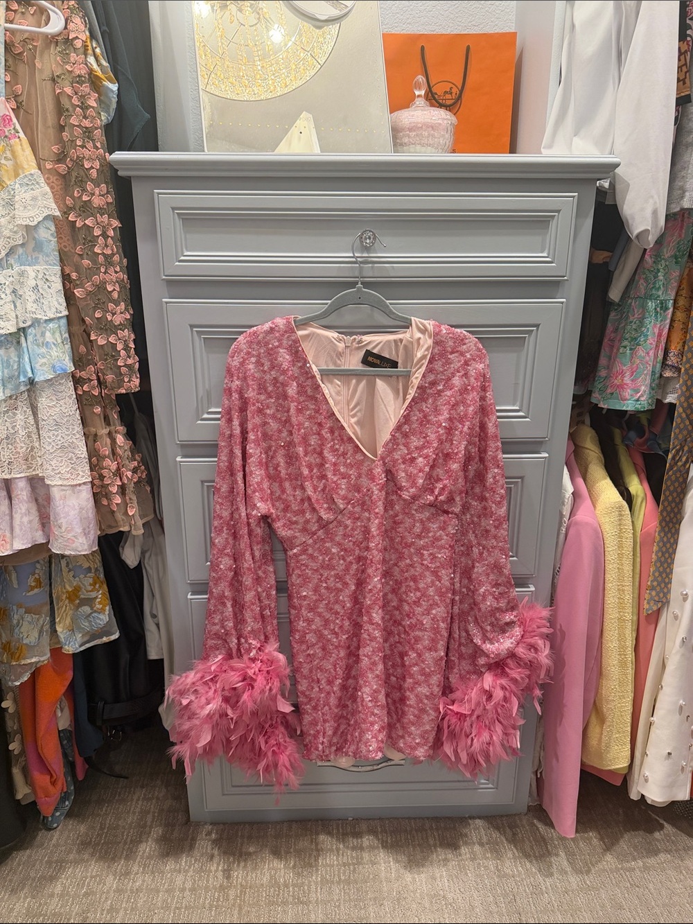 Fashion Nova Pink Feather-Cuff V-Neck Tunic